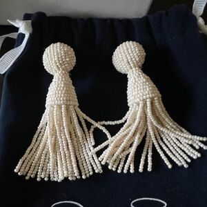 Oscar de la Renta Cream Beaded Tassel Earrings